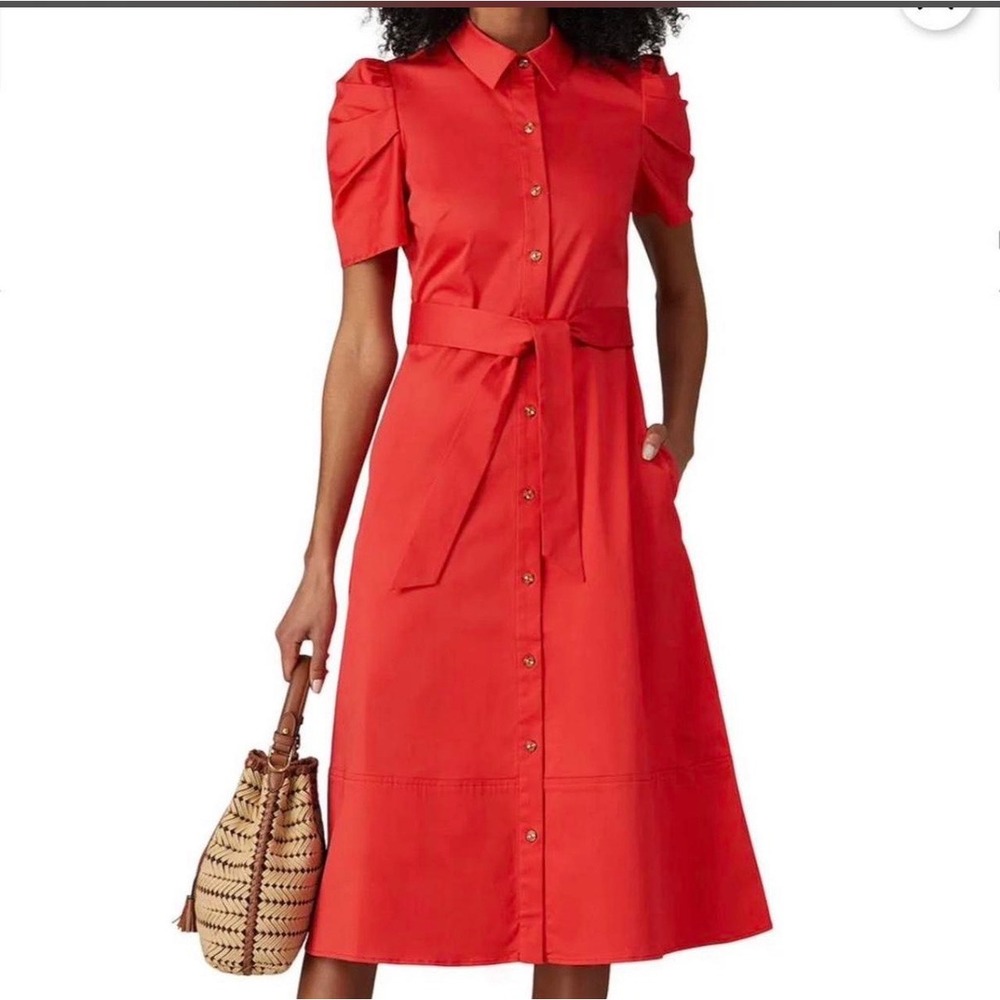 Shoshanna Red Annette Cotton Puff Short Sleeve Button Up Shirtdress 4 Tie Waist